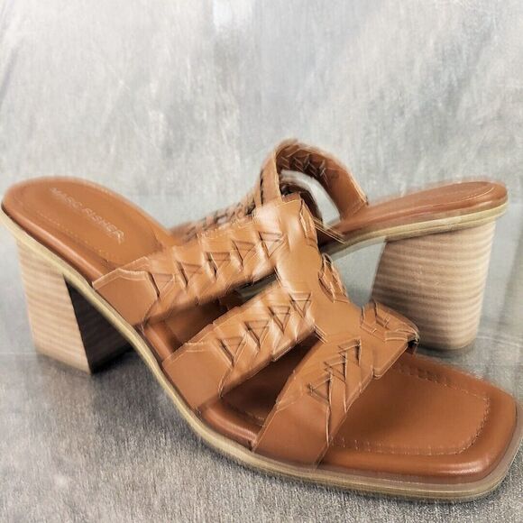 Marc Fisher Sandals Womens 11 M Melita Brown Slip on Strappy Slip-On Block Heels - Picture 2 of 11
